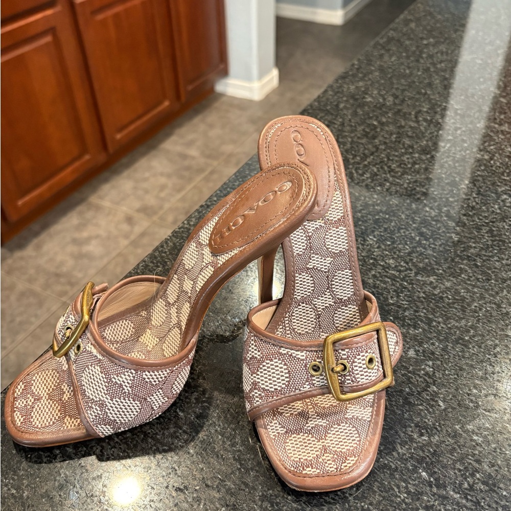 Coach Tan and Brown Mules with Gold Buckle